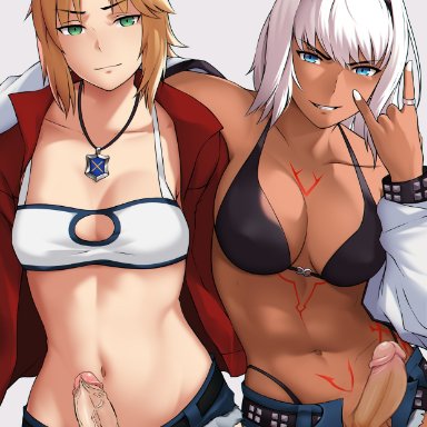 fate (series), caenis (fate), mordred (fate), bbk (13zk), bushidokuroi, 2futas, animal ears, clothed, clothing, dark-skinned futanari, dark skin, duo, futa only, futanari, human