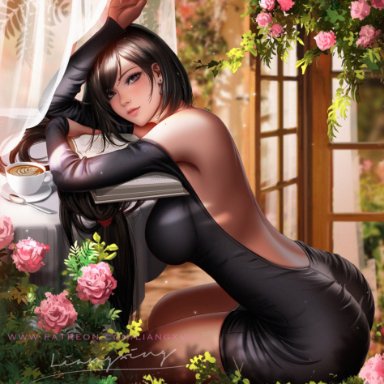 final fantasy, final fantasy vii, final fantasy vii remake, tifa lockhart, liang xing, arms on table, asymmetrical bangs, backless dress, backless outfit, bangs, bare shoulders, black dress, black hair, book, breasts