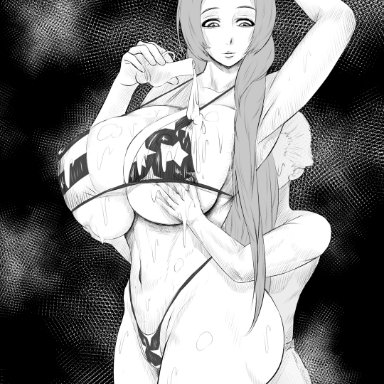 bleach, hanakari jinta, inoue orihime, kimkun0162, 1boy, 1boy1girl, 1girls, age difference, american flag bikini, big breasts, bikini, bottle, breast grab, breasts, breasts bigger than head