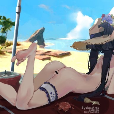 genshin impact, mona (genshin impact), sydus, ass, barefoot, beach, black hair, breasts, choker, feet, female, green eyes, hat, legs, long hair