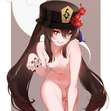 genshin impact, hu tao (genshin impact), tofuubear, 1futa, all fours, areolae, breasts, brown hair, cum, front view, futa only, futanari, hat, human, light-skinned futanari