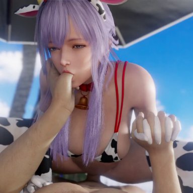 dead or alive, fiona (doa), lazyprocrastinator, 1boy, 1girl, bikini, cow ears, cow girl, cowprint, gloves, hetero, holding hands, purple eyes, purple hair, sex