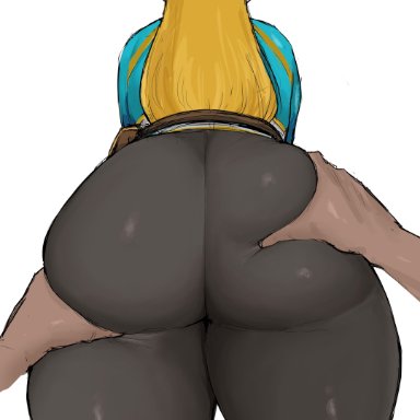 breath of the wild, nintendo, the legend of zelda, princess zelda, zelda (breath of the wild), meddle 1st, 1girls, ass, ass focus, ass grab, big ass, black leggings, black legwear, blonde hair, blush lines