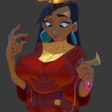 the emperor's new groove, kuzco, svmson, 1girls, big breasts, cameltoe, curvy, earrings, elixir, erection under clothes, gender transformation, long hair, looking at breasts, potion, potion bottle