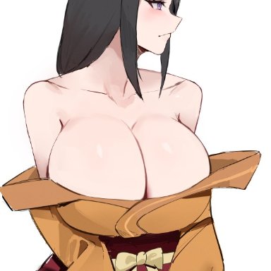 boruto: naruto next generations, naruto, naruto (series), hyuuga hanabi, kisou, 1girls, bare chest, bare shoulders, breasts, brown hair, cleavage, female, female only, hakama, hakama skirt