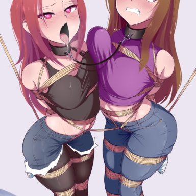 original, original character, bagelbomb, 2girls, ahe gao, arms behind back, aroused, blue eyes, bondage, bound together, breasts pressed against partner, brown hair, collar, female, female only