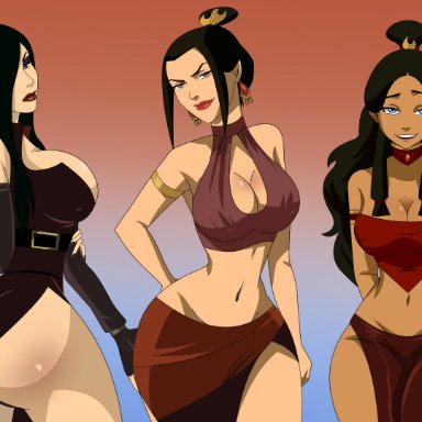 avatar the last airbender, nickelodeon, azula, june (avatar), katara, ghostlessm, 3girls, ass, big ass, big breasts, blush, breasts, cleavage, dark-skinned female, female