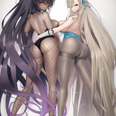 blue archive, asuna (blue archive), karin (blue archive), greatodoggo, 2girls, ass, asymmetrical docking, back, back view, black hair, black leotard, blonde hair, blue eyes, blue leotard, breast to breast