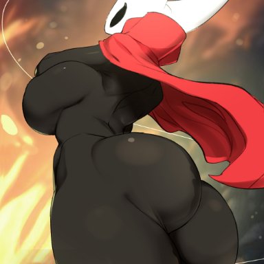 hollow knight, hornet (hollow knight), ashraely, anthro, ass, ass focus, big breasts, black body, breasts, bubble butt, butt crack, from behind, huge butt, humanoid, insects