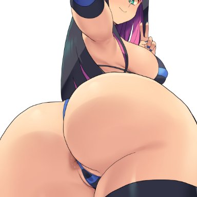 stocking anarchy, minakami, 1girls, ass focus, asshole behind thong, big ass, large breasts, long hair, looking at viewer, peace sign, selfie, smile, striped armwear, striped bra, striped legwear