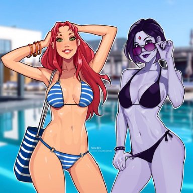 dc, dc comics, teen titans, koriand'r, rachel roth, raven, raven (dc), starfire, tamaranean, minko, olena minko, 2girls, alien, alien girl, ass