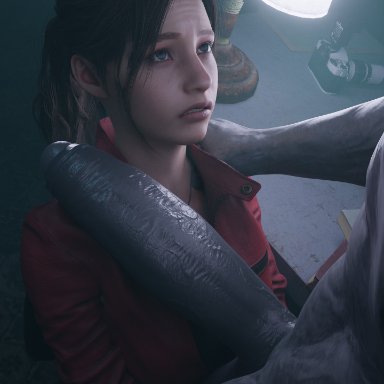 resident evil, resident evil 2, resident evil 2 remake, claire redfield, mr x, red-j, before sex, big penis, bigger male, fat cock, hand on shoulder, huge cock, kneeling, large penis, monster cock