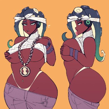 nintendo, splatoon, marina (splatoon), octoling, octoling girl, cdlum, 1female, 1girl, 1girls, ass, ass out, bandana, black hair, black skin, boobs