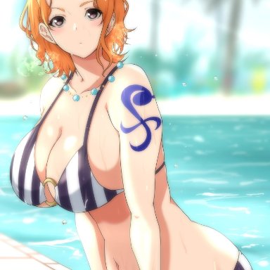 one piece, one piece: strong world, nami, moriton, 1girls, big breasts, bikini, breasts, cleavage, female, female only, getting out of pool, log pose, looking at viewer, navel