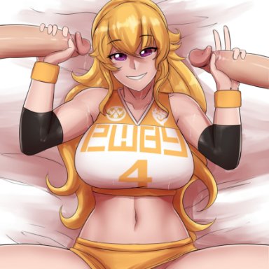 rwby, yang xiao long, aestheticc-meme, blonde hair, clothing, laying down, multiple dicks, shorts, workout clothes