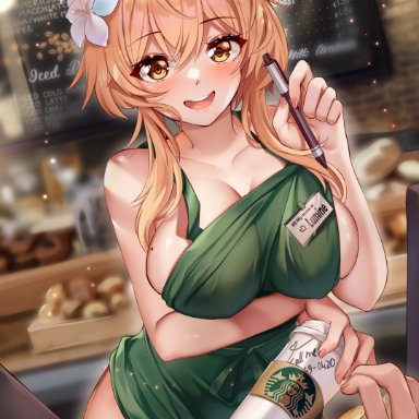 genshin impact, starbucks, lumine (genshin impact), squchan, 1girls, blonde hair, breasts, cashier, eyebrows, eyebrows visible through hair, female, female focus, flower, flower in hair, food