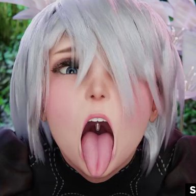 nier: automata, yorha 2b, slayed.coom, 1boy, 1girls, android, android girl, blowjob, blowjob face, blue eyes, cum, cum in mouth, cum inside, dick slap, mole