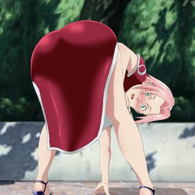 naruto, naruto (classic), naruto (series), sakura haruno, danieledevane, 1girls, adapted costume, arm support, ass bigger than head, ass focus, ass up, back view, bare legs, bare thighs, bending over