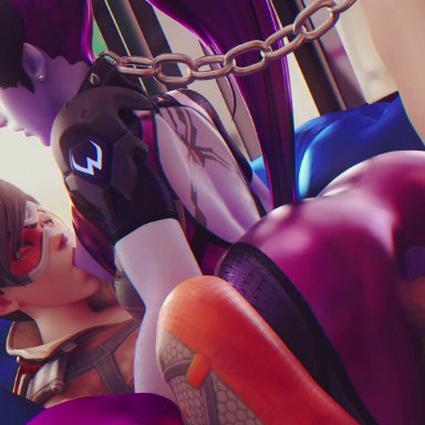 overwatch, tracer, widowmaker, cakeofcakes, lerico213, 1boy, 1male, 2girls, ass, big ass, big penis, bisexual, bisexual (female), breast sucking, chains