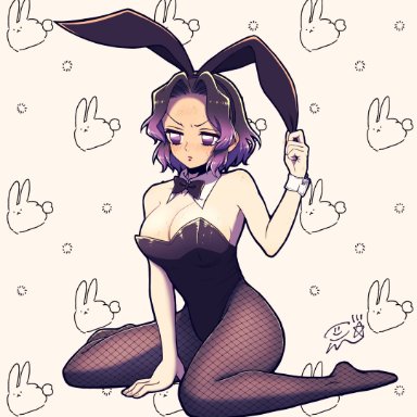 demon slayer, kimetsu no yaiba, kochou shinobu, alternate costume, big breasts, black hair, blush, bowtie, bunny ears, bunnysuit, cleavage, confettocandy, detached collar, embarrassed, female