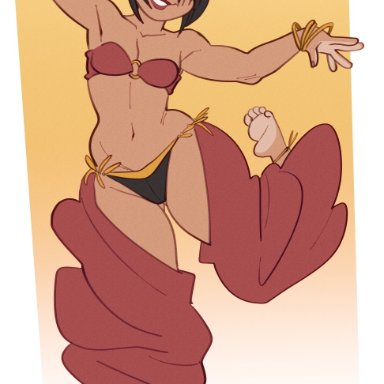 avatar the last airbender, toph bei fong, artist request, 1girls, action pose, alternate costume, anklet, asian female, ass visible through thighs, athletic female, bangle, bangles, bare shoulders, barefoot, barely clothed