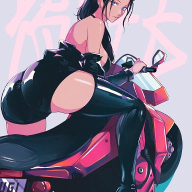 one piece, nico robin, opalisart, 1girls, ass, black hair, blue eyes, breasts, female, female only, large breasts, looking back, motorcycle, short shorts, shorts