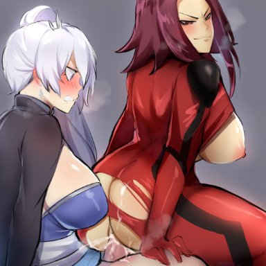 rwby, yu-gi-oh!, yugioh 5d's, akiza izinski, weiss schnee, kurenaiz1, 1futa, areolae, big ass, big breasts, breasts, clothed, clothed sex, clothing, cum