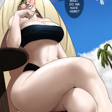 nintendo, pokemon, pokemon sm, lusamine (pokemon), nihilego, pok&#233;mon (species), echosaber, 1girls, alternate breast size, bikini, black bikini, blonde hair, breasts, female, female only