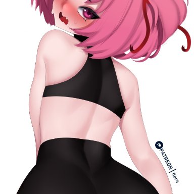 doki doki literature club, fiera (artist), 1girls, ass, big ass, big butt, cameltoe, eye contact, female only, hair ribbon, leggings, looking at viewer, looking back, pink eyes, pink hair