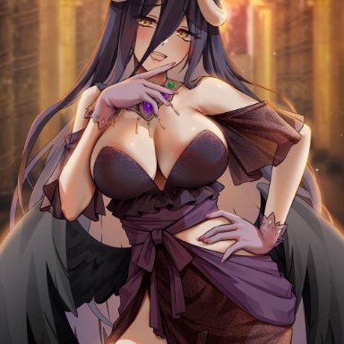 overlord (maruyama), albedo (overlord), foxyrain, foxyreine, 1girls, ahoge, black dress, black hair, blush, breasts, demon, demon girl, dress, female, female only