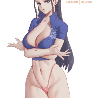 one piece, shounen jump, nico robin, melowh, 1girls, arms under breasts, belly button, big breasts, black hair, blue eyes, breasts, cleavage, crop top, crossed arms, curvy