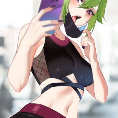 genshin impact, kuki shinobu, tofuubear, 1girls, breasts, female, female only, green hair, gym clothes, hips, light-skinned female, light blush, light skin, mask, medium breasts