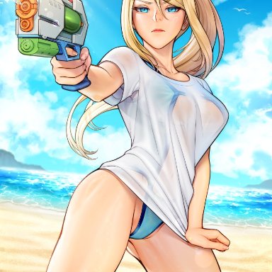 metroid, nintendo, samus aran, mystra77, 1girls, annoyed, annoyed expression, bangs, blonde hair, blue eyes, female, female focus, female only, looking at viewer, see-through