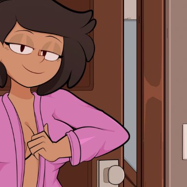 amphibia, disney, mrs. boonchuy, oum boonchuy, arkeus, 1girls, areolae, brown hair, dark-skinned female, flashing breasts, medium hair, milf, nipples, no bra, robe