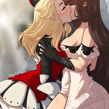 bravely default, bravely default: flying fairy, square enix, agnes oblige, edea lee, kinkymation, 2girls, against wall, blonde hair, blush, breast outside, breasts, brown hair, closed eyes, female