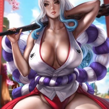 one piece, yamato (one piece), dandon fuga, 1girls, breasts, cleavage, clothing, female, female only, fully clothed, hakama, hoop earrings, horns, huge breasts, humanoid