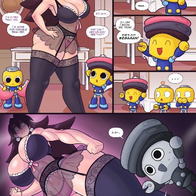 mega man, mega man legends, servbot, tron bonne, cobatsart, 1girls, 1male, angry, angry face, armpits, big ass, big breasts, big butt, big hips, big thighs