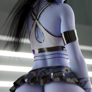 overwatch, widowmaker, b0sch, ass, black hair, blue skin, female only, goth, goth girl, jewelry, latex, miniskirt, pussy, skirt