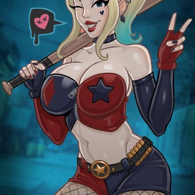 batman (series), dc, dc comics, harley quinn, monolithic-sloth, 1girls, baseball bat, blonde hair, blue eyes, blue hair, cameltoe, cleavage, female, female only, fingerless gloves