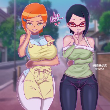 ben 10, boruto: naruto next generations, cartoon network, naruto, naruto (classic), naruto (series), naruto shippuden, shounen jump, gwen tennyson, sarada uchiha, nightmare hdraw, 2girls, aged up, apron, big breasts