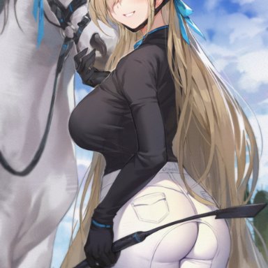 blue archive, asuna (blue archive), lxkate, ass, back view, big ass, big breasts, big butt, black shirt, blonde hair, blush, blushing, breasts, horse, horse girl