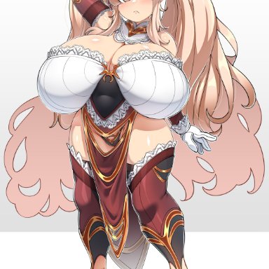 original, dwarf princess (konoshige), konoshige (ryuun), ryuun (stiil), :&lt;, arm behind head, bangs, blonde hair, blush, boots, breasts, brown eyes, cleavage, closed mouth, curvy