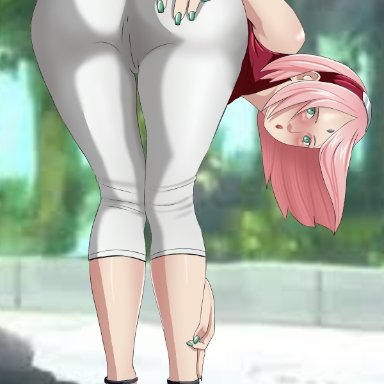 boruto: naruto next generations, naruto, naruto (series), sakura haruno, danieledevane, 1girls, :o, armwear, ass, ass focus, back view, bare arms, bare calves, bare shoulders, bent over