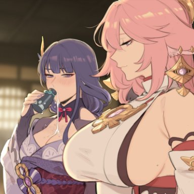 genshin impact, raiden shogun, yae miko, maiqo, 2girls, animal ears, big breasts, blush, breast envy, clothed, earrings, female, female only, hair ornament, japanese clothes