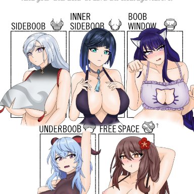 genshin impact, ganyu (genshin impact), hu tao (genshin impact), raiden shogun, shenhe (genshin impact), yelan (genshin impact), zdetg , alternate breast size, armpits, arms up, blue hair, boob window, bra, breasts, brown eyes