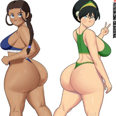 avatar the last airbender, nickelodeon, katara, toph bei fong, coldarsenal, 2girls, ass, big ass, big breasts, big butt, bikini, black hair, blue bikini, blue eyes, brown hair