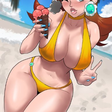 mario (series), nintendo, princess daisy, echosaber, 1girls, bikini, blue eyes, breasts, female, female only, food, hips, holding object, huge breasts, ice cream