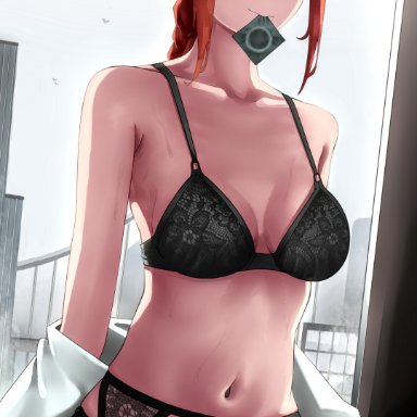 chainsaw man, makima (chainsaw man), bygallh, 1girls, bra, braided hair, condom, condom in mouth, eye contact, female, female focus, female only, lingerie, looking at viewer, panties