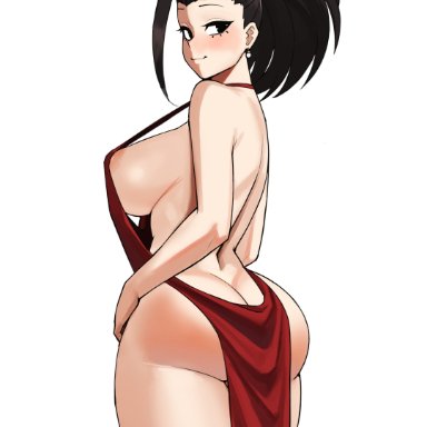 my hero academia, shounen jump, momo yaoyorozu, donburikazoku, 1girls, ass, back, back view, black eyes, black hair, blushing at viewer, blushing profusely, breasts, bubble ass, bubble butt