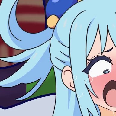 spongebob squarepants, aqua (konosuba), endymionva, myahogao, ahe gao, blue hair, blushing, breast grab, crying, cum inside, expansion, interspecies, mating press, medium breasts, moaning